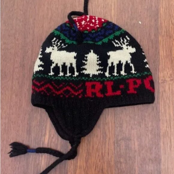 Vintage Polo Ralph Lauren Reindeer Moose Winter Earflap Tassel Wool Beanie Hat - Picture 2 of 2